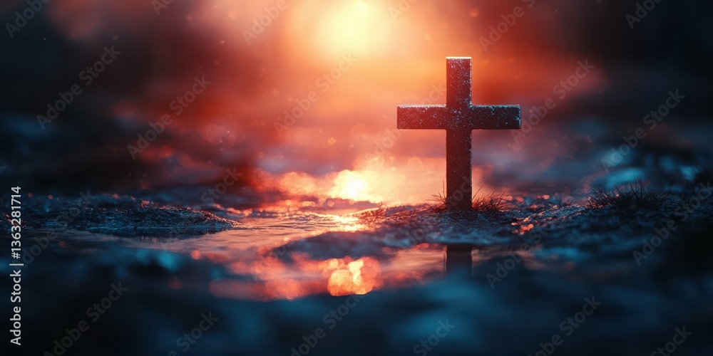 Fototapeta premium Cross standing in a misty landscape with soft light at dusk creating a serene and reflective atmosphere