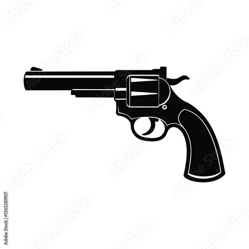 Black handgun with bullets isolated on white background.