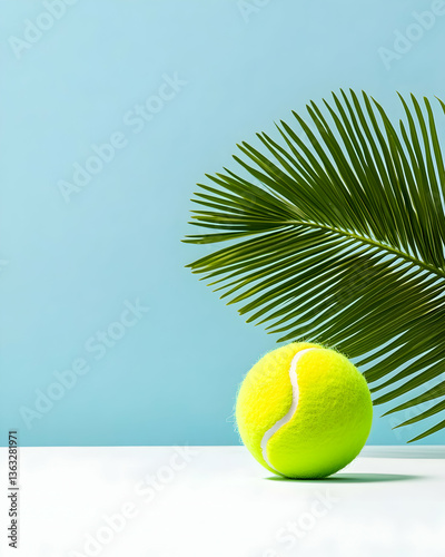 Tennis ball beside palm frond on light blue background