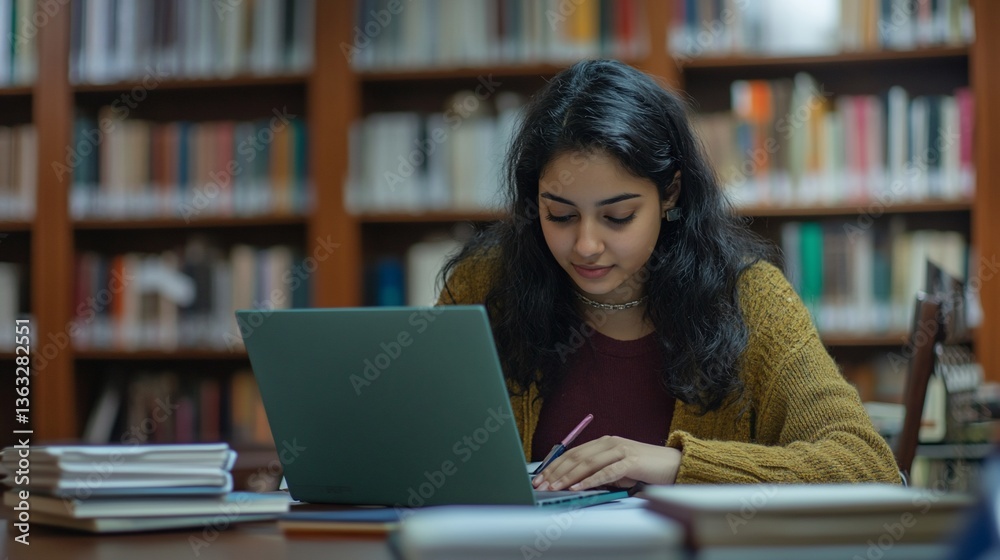 Student studies on laptop in library, bookshelves blurred Student studies on laptop in library, bookshelves blurred