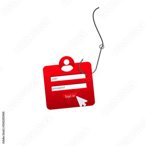 Login form caught on a hook representing phishing, indicating cybersecurity risks and threats.