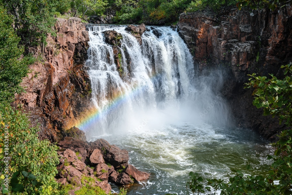 Scenic waterfall with rainbow in lush green landscape Scenic waterfall with rainbow in lush green landscape