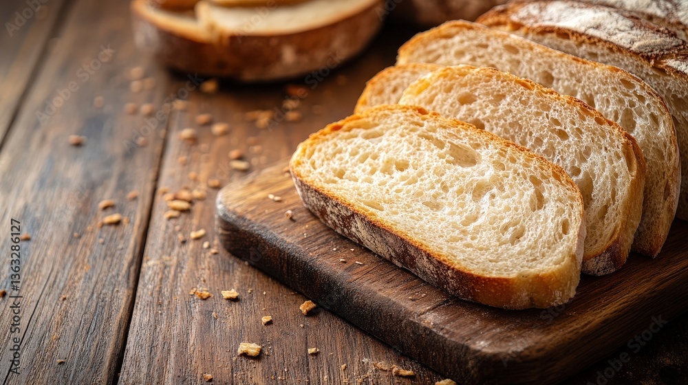 Close-up of Sliced Artisan Bread on Wooden Board. Freshly Baked and Delicious Loaf. Perfect for Breakfast, Lunch, or Dinner. Close-up of Sliced Artisan Bread on Wooden Board. Freshly Baked and Delicious Loaf. Perfect for Breakfast, Lunch, or Dinner.