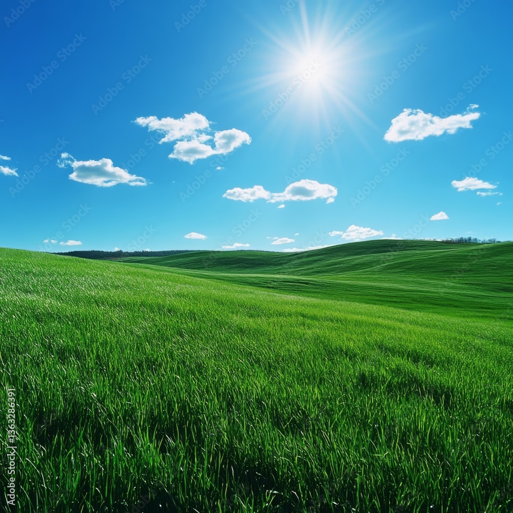 Fototapeta premium The sun illuminates rolling green hills and a deep blue sky filled with fluffy clouds, creating a tranquil outdoor atmosphere Generative AI