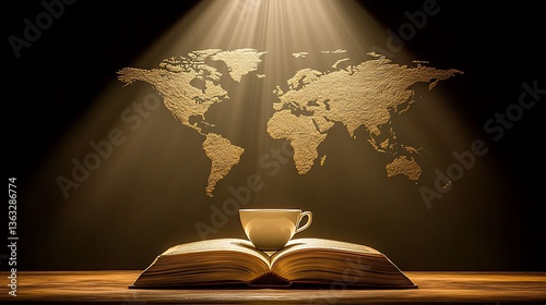 World map coffee book still life