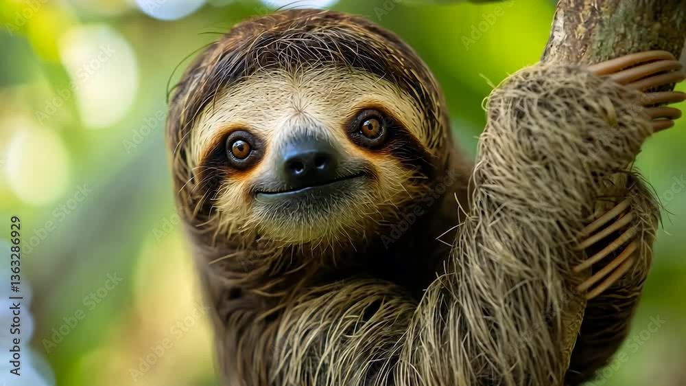 Close-up of a sloth hanging from a tree.