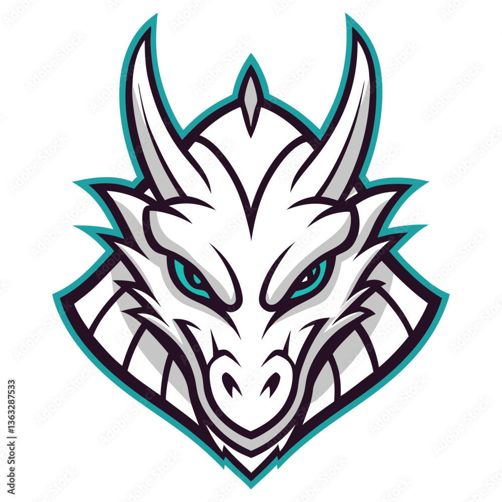 Obraz premium Fierce White Dragon Head with Turquoise Highlights on White