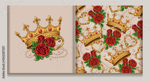 Seamless pattern, composition with golden crown, scattered jewelry, pearl necklaces, bouquet of red roses. Chaotic scattered objects on light background. Luxury kitsch vintage style.