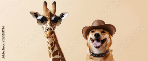 Stylish giraffe and dog duo in sunglasses and cowboy hat