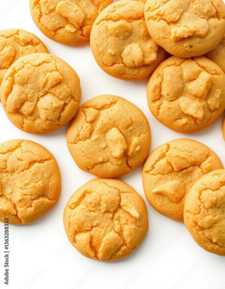 Golden brown butter cookies arranged on pristine white background, closeup, texture Golden brown butter cookies arranged on pristine white background, closeup, texture