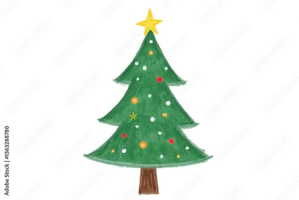 A charming hand-painted Christmas tree, adorned with colorful ornaments and a golden star, evokes festive cheer and simple holiday joy with a textured, painterly style. A charming hand-painted Christmas tree, adorned with colorful ornaments and a golden star, evokes festive cheer and simple holiday joy with a textured, painterly style.