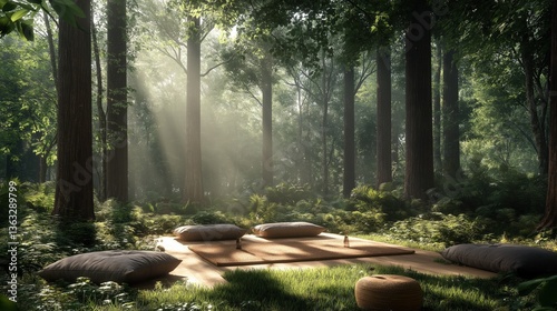 Tranquil forest meditation retreat with sunlight filtering through trees