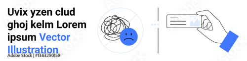 Sad face within tangled lines suggesting confusion hand holding an ID card signifying clarity or identity. Ideal for concepts thumbs up identity, emotions, conflict resolution, transitions, data