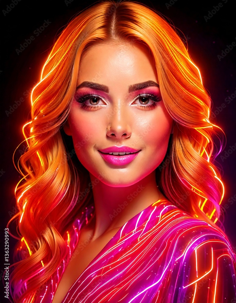 Obraz premium Beautiful woman with flowing ginger hair, orange hues, android