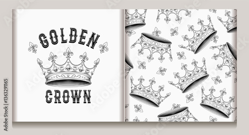 Vintage label, seamless pattern with medieval crown, fleur de lis sign. Detailed black and white illustrations on white background. Kitsch style.