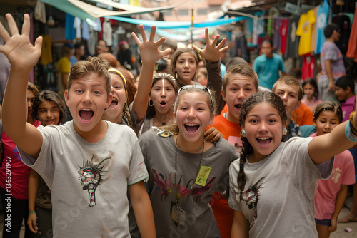 Ecstatic Youth Group Embarking on an Enriching Mission Trip in a Vibrant Foreign Marketplace