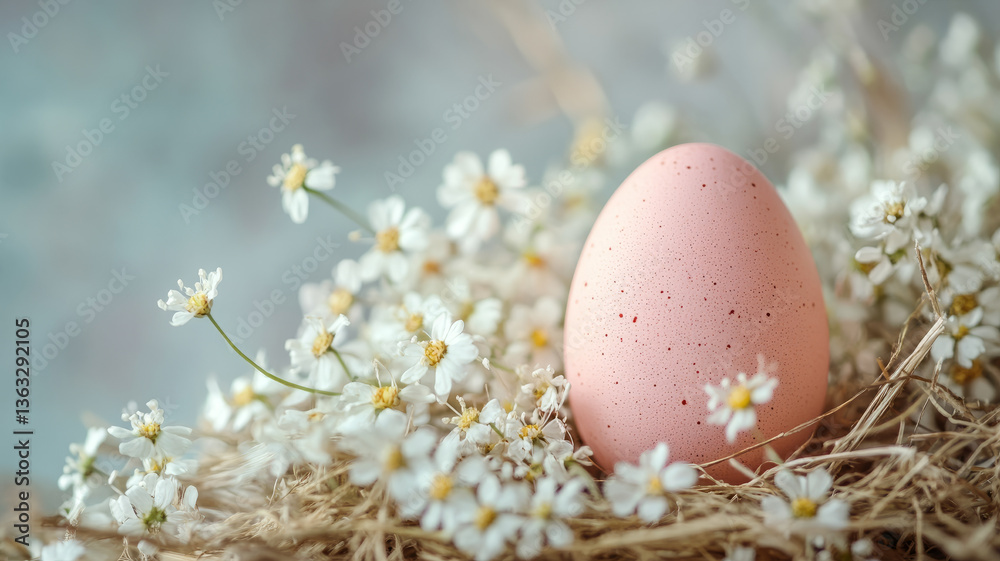 Obraz premium Pink egg in a nest surrounded by daisies.