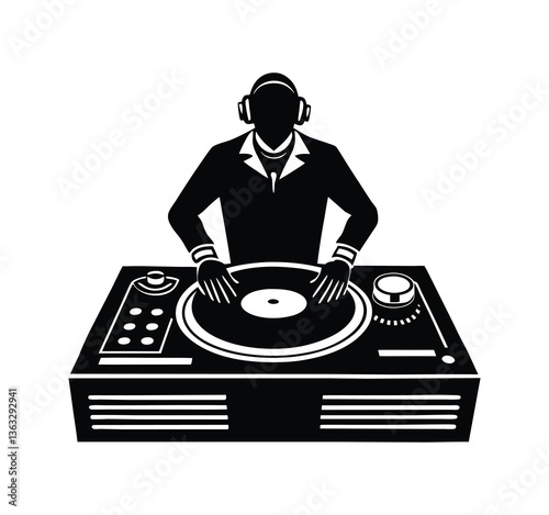 A DJ turntabling vector silhouette. Early Hip-hop culture.