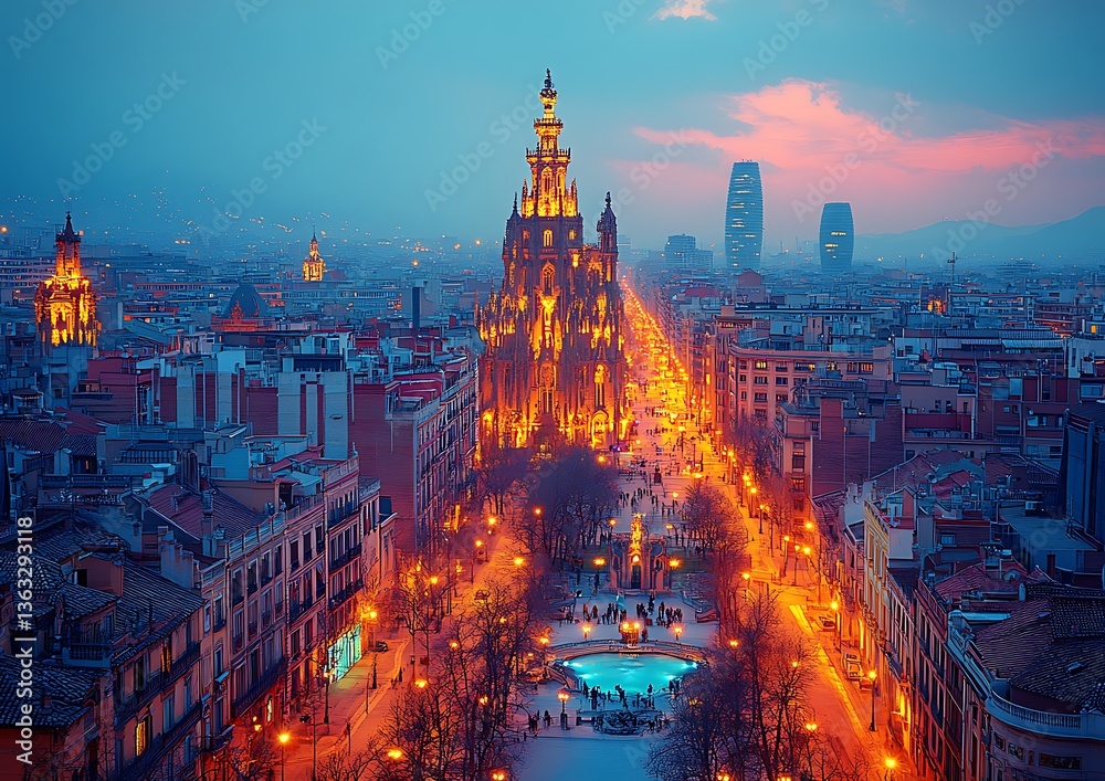 Obraz premium Cityscape at Twilight, Urban Streets, Sunset