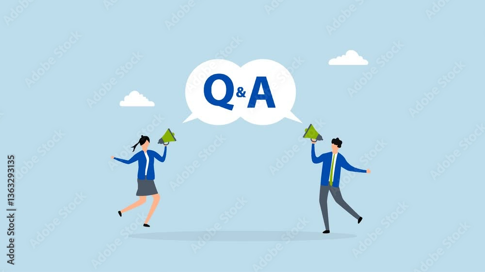 question and answer session, 4k animation of businessman and woman yelling into megaphone during Q and A in speech bubble. question and answer session, 4k animation of businessman and woman yelling into megaphone during Q and A in speech bubble.