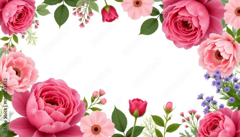 Naklejka premium Artistic floral print featuring roses and peonies, vibrant elegance