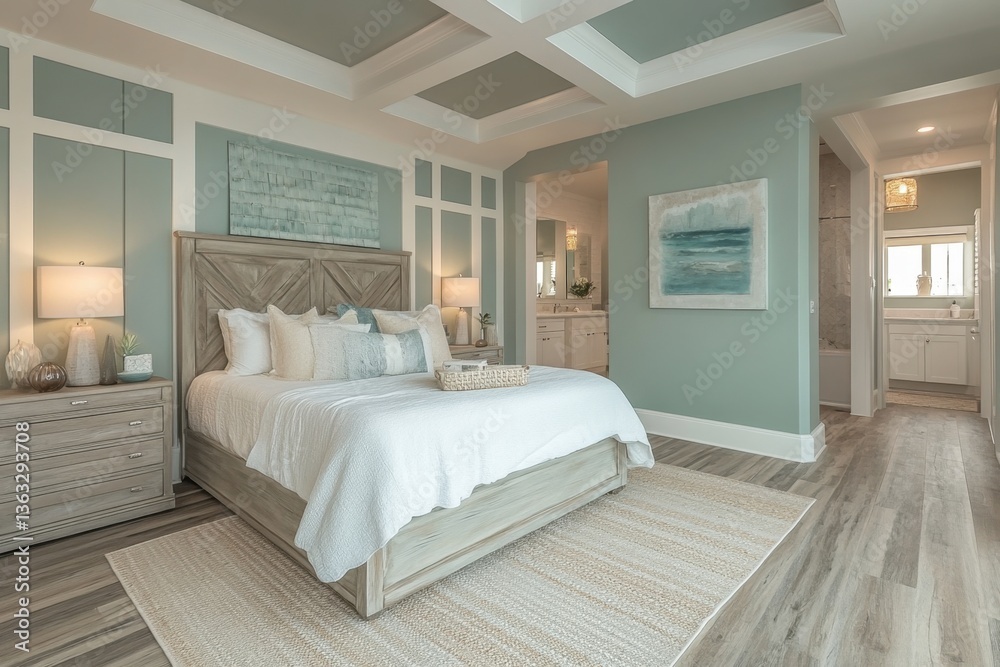 Serene bedroom retreat with soft light and calming color palette showcasing modern interior design and comfortable furnishings for relaxation and peaceful slumber Serene bedroom retreat with soft light and calming color palette showcasing modern interior design and comfortable furnishings for relaxation and peaceful slumber