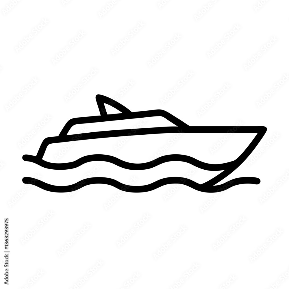 Speedboat icon illustration in black outline style on waves Speedboat icon illustration in black outline style on waves