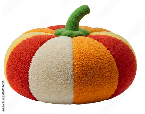 Plush pumpkin-shaped cushion with textured boucle fabric in orange, red, and white stripes