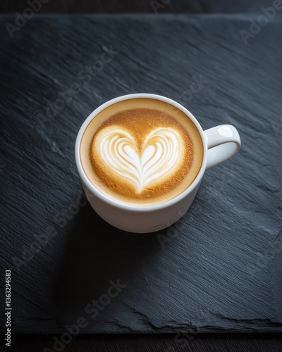 White ceramic cup of cappuccino with heart latte art on dark slate surface