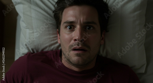 A terrified man jolted awake in the dead of night, his eyes wide with fear, in a dimly lit bedroom.