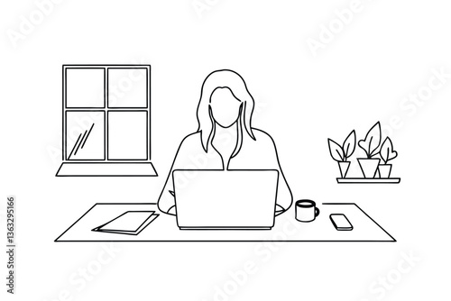 Woman Working From Home Laptop, Desk, Plants, Minimalist Line Art
