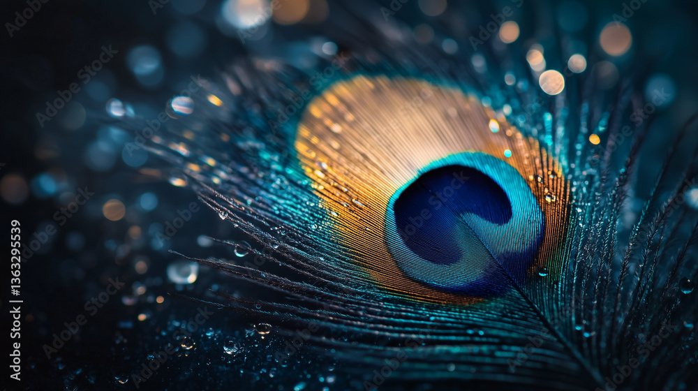 Fototapeta premium Single elegant peacock feather signature eye pattern with shimmering details on a turquoise background with vibrant, detailed textures, сlose-up.