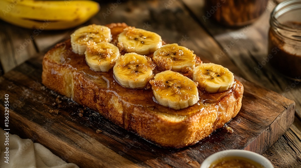 A country-style breakfast featuring caramelized banana slices over fresh-baked brioche, plated on a wooden cutting board A country-style breakfast featuring caramelized banana slices over fresh-baked brioche, plated on a wooden cutting board