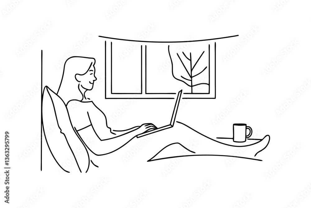 Fototapeta premium Relaxed Woman Working From Home on Laptop, Cozy Comfort