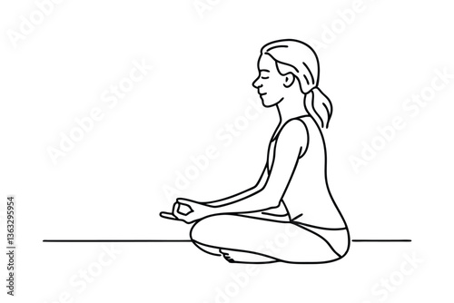 Woman meditating in Sukhasana yoga pose, mindfulness, serenity, peace