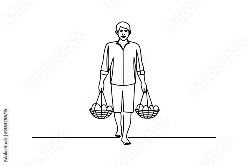Farmer Carrying Baskets of Fruit Line Art Illustration