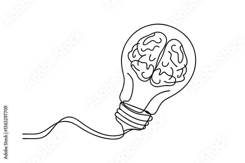 Brilliant Mind Idea Generation, Innovation, Brainpower, Lightbulb, Creativity, SingleLine Art, Conce