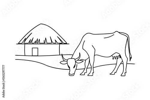 Rural Idyll Cow Grazing Near Thatched Hut in Simple Line Art