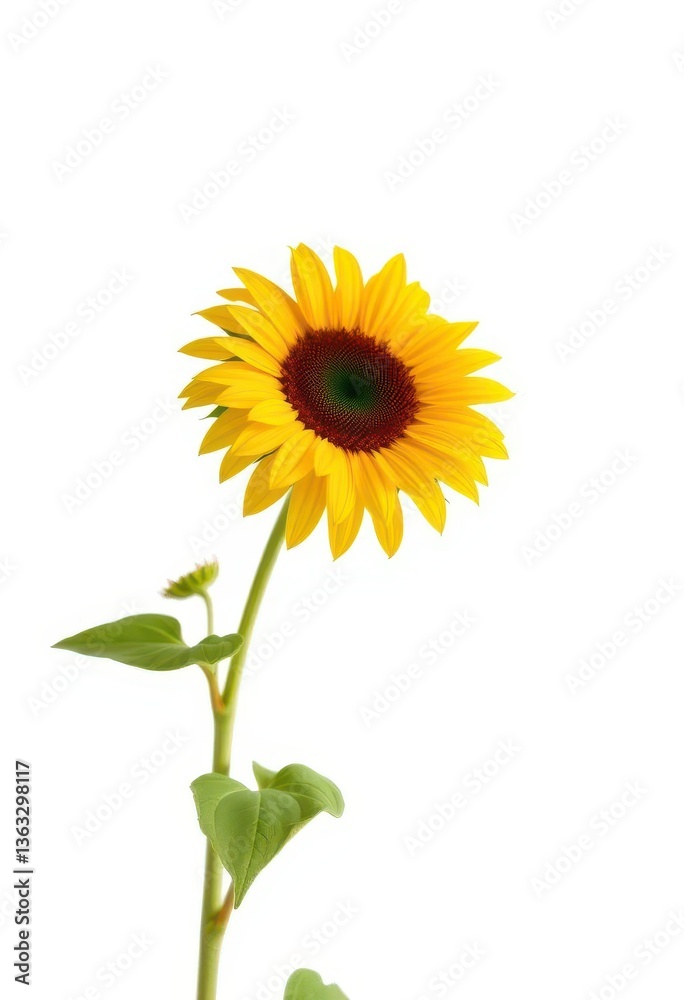 Fototapeta premium Single sunflower, vibrant yellow petals, against pure white background, background, flower, elegance