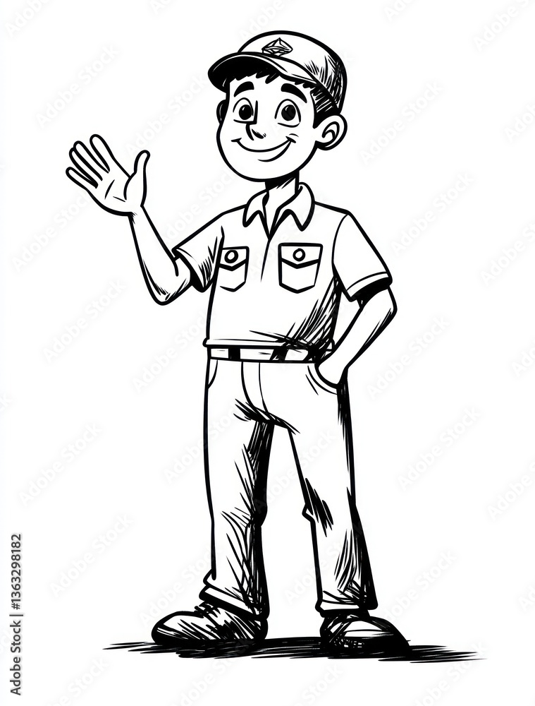 Obraz premium Friendly cartoon worker waving, outdoor setting, illustration for website or manual