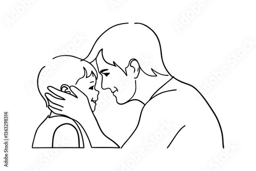 Tender Father and Child Bonding, Line Art Illustration, Love, Care, Affection