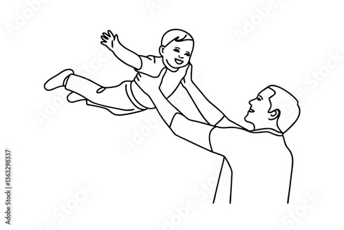Happy Father Son Bonding Playful Toss Joyful Laughter Line Art Drawing Sketch
