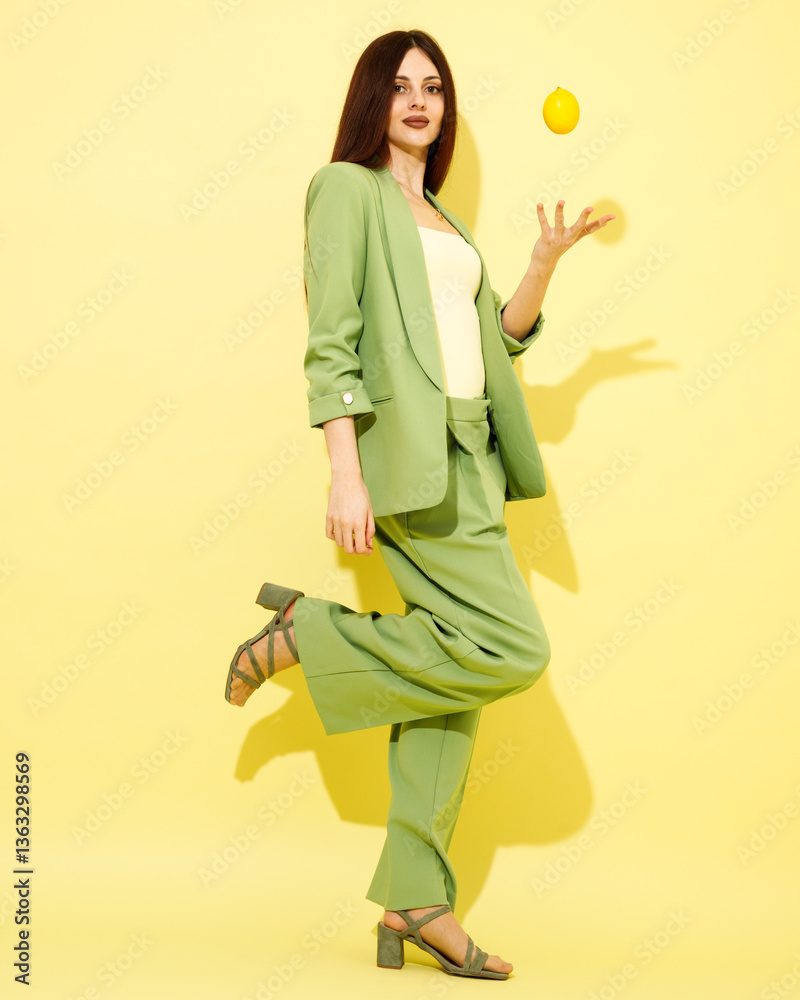 Fashion portrait of beautiful model in green suit with lemons against yellow background