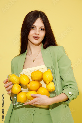 Obraz na płótnie Fashion portrait of beautiful model in green suit with lemons against yellow background w salonie