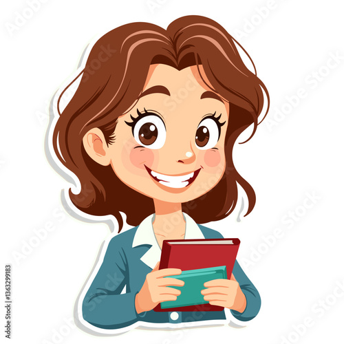 Cartoon librarian with cheerful mood holding books on white background	
