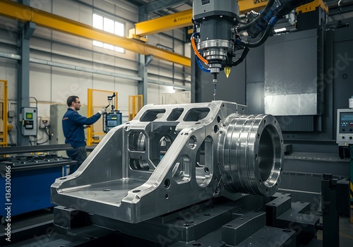 A large metal part being machined with a robotic arm