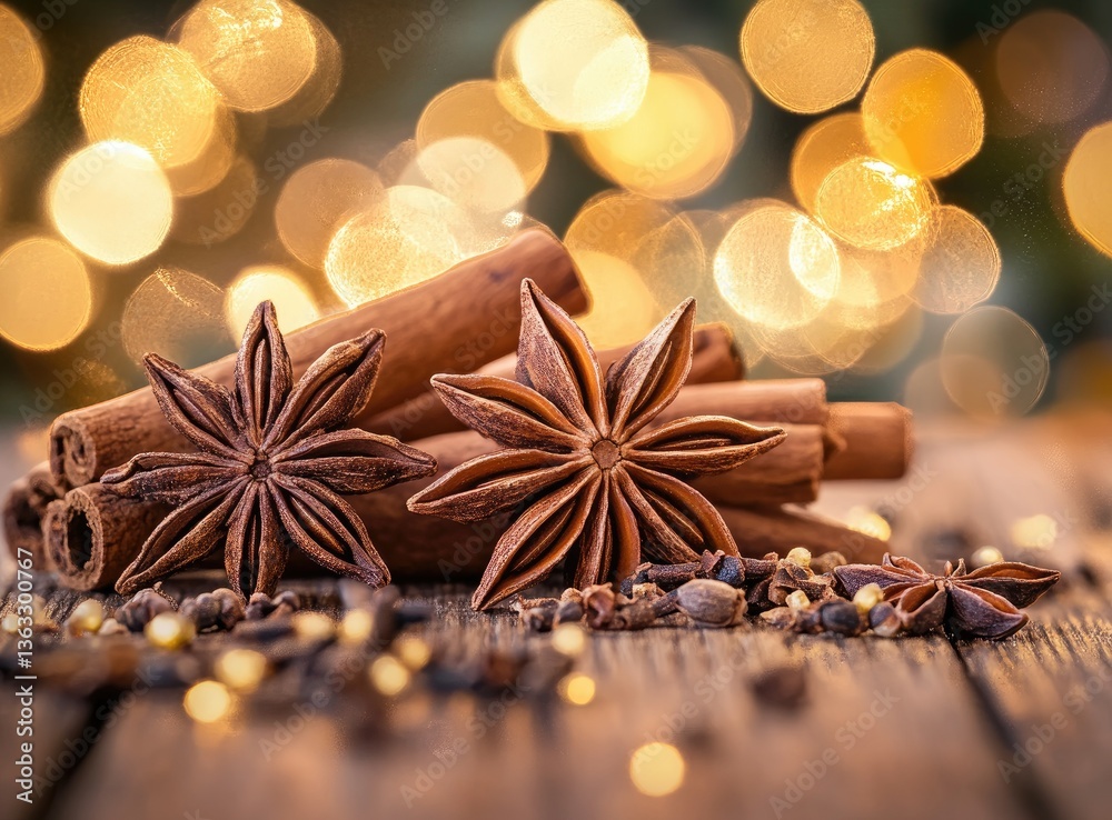 Cinnamon Sticks and Star Anise Still Life with Festive Bokeh Cinnamon Sticks and Star Anise Still Life with Festive Bokeh