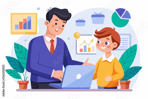 Vector business mentor guiding young entrepreneur through a business plan and startup strategy