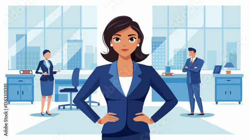 Vector confident female CEO standing in a modern office environment as a business leader