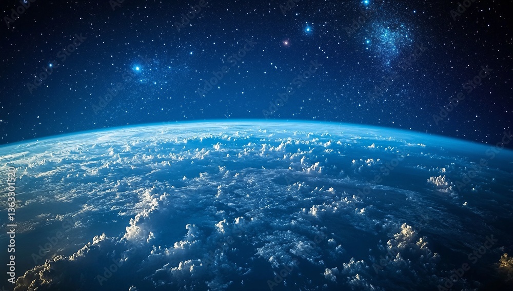 Obraz premium Stunning view of Earth from space, showcasing a breathtaking expanse of clouds against the backdrop of a starlit sky.